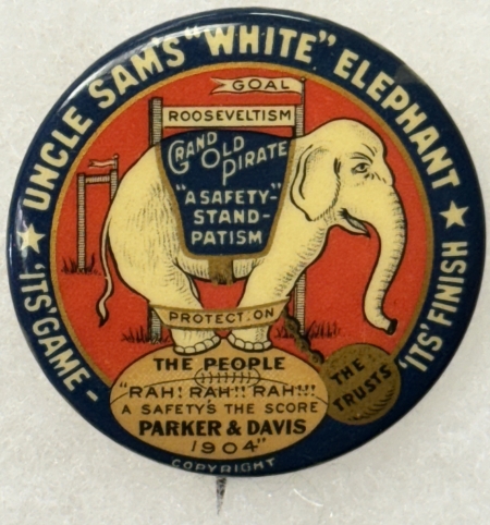 New Store Items 1908 PARKER-DAVIS “WHITE ELEPHANT” 1 1/2″ CELLO CAMPAIGN BUTTON, A CLASSIC-MINT!