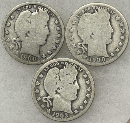 Barber Quarters 1900 1900-S 1903-O BARBER QUARTERS, LOT OF 3 – PLEASING CIRCULATED EXAMPLES!