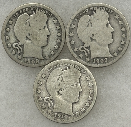 Barber Quarters 1908 1909 1910 BARBER QUARTERS, LOT OF 3 – CIRCULATED!