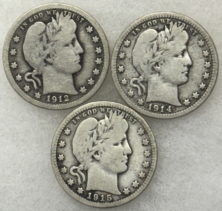 New Store Items 1912 1914 1915 BARBER QUARTERS, LOT OF 3 – PLEASING CIRCULATED EXAMPLES!