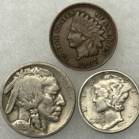 New Store Items 1907 IND 1C, 1921 BUFF 5C, 1937 MERC 10C MIXED LOF OF 3 HIGH GRADE CIRC EXAMPLES