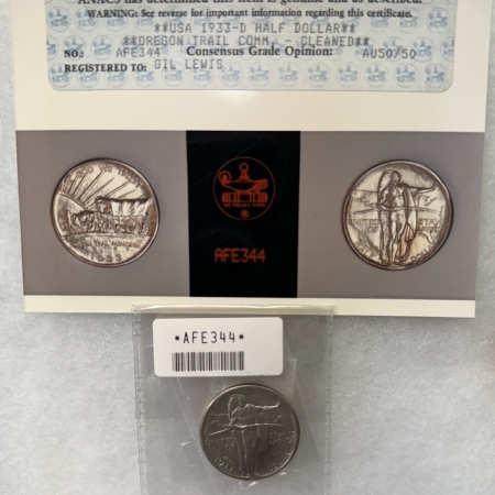 New Store Items 1933-D OREGON TRAIL COMMEM HALF DOLLAR-ANACS PHOTO CERT AU-50/50 CLEANED BUT BU!