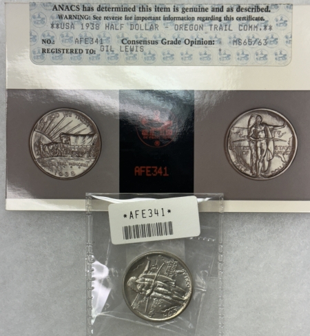 New Certified Coins 1938 OREGON TRAIL COMMEMORATIVE HALF DOLLAR – ANACS PHOTO CERT MS-65/63, GEM+