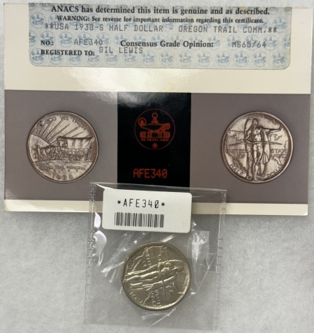 New Certified Coins 1938-S OREGON TRAIL COMMEMORATIVE HALF DOLLAR – ANACS PHOTO CERT MS-65/64, GEM++