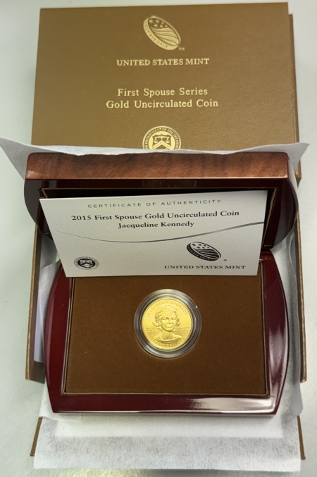 Modern Gold Commems 2015-W 1/2 OZ FIRST SPOUSE $10 GOLD, JACQUELINE KENNEDY – FRESH GEM BU IN OGP!