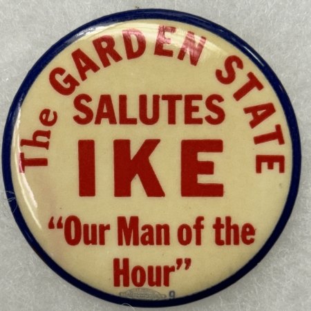 New Store Items 1952 EISENHOWER 2″ CELLO NJ CAMPAIGN BUTTON, “GARDEN STATE SALUTES IKE”, MINT!