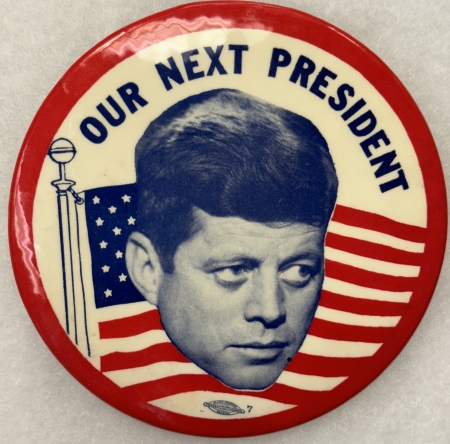 New Store Items 1960 JOHN F. KENNEDY “OUR NEXT PRESIDENT” 4″ HEAD/AMERICAN FLAG BUTTON-nr-MINT!