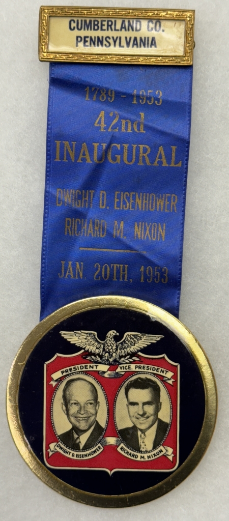 New Store Items 1953 EISENHOWER-NIXON 3″ CELLO INAUGURAL/RIBBON, CUMBERLAND CO. PA-RARE & MINT!