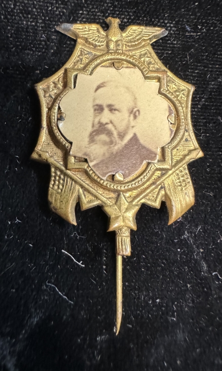 New Store Items 1888 BENJAMIN HARRISON BRASS STICK-PIN W/ PHOTO, GRAPHIC EAGLE & SHIELD-nr MINT!