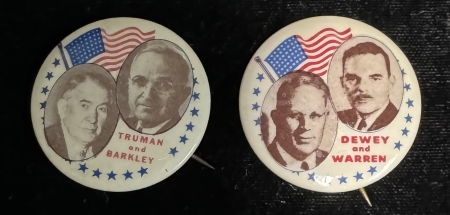 New Store Items 1948 1 1/4″ TRUMAN-BARKLEY, DEWEY-WARREN JUGATE CELLO BUTTON PAIR (2)-BOTH MINT!