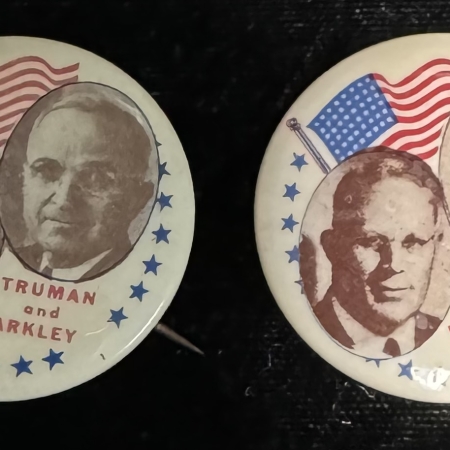 Political 1948 1 1/4″ TRUMAN-BARKLEY, DEWEY-WARREN JUGATE CELLO BUTTON PAIR (2)-BOTH MINT!