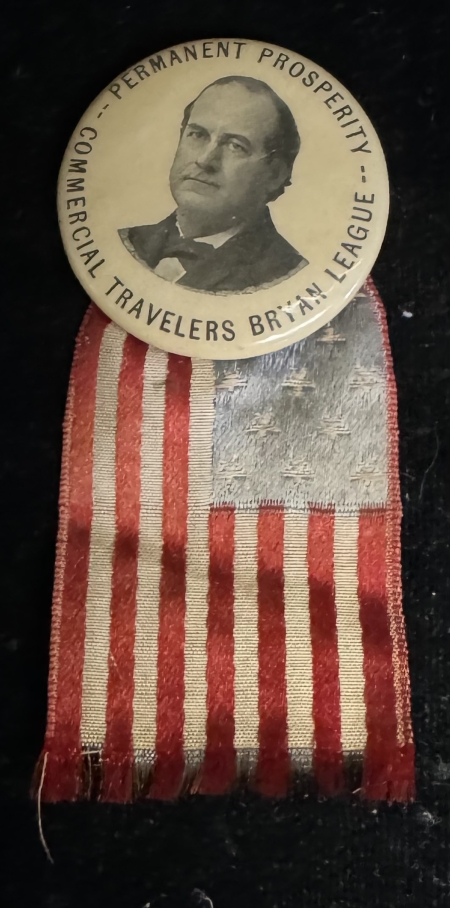 New Store Items 1908 BRYAN 1 1/4″ COMMERCIAL TRAVELERS CELLO CAMPAIGN BUTTON & RIBBON-RARE/MINT!