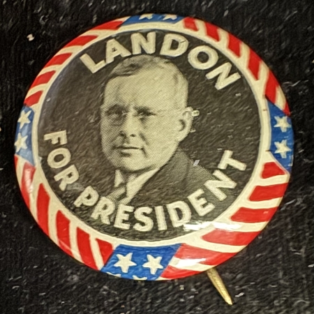 Political 1936 LANDON FOR PRESIDENT GRAPHIC 1 1/4″ CELLULOID CAMPAIGN BUTTON-MINT!