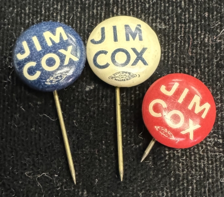 New Store Items 1920 JAMES COX-TRIO OF 1/2″ CELLO “JIM COX” BUTTONS IN RED, WHITE & BLUE-MINT!