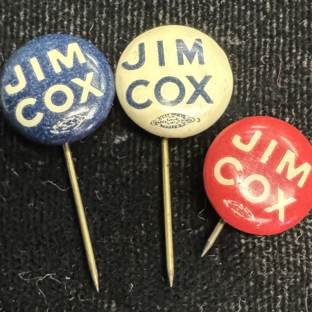 Political 1920 JAMES COX-TRIO OF 1/2″ CELLO “JIM COX” BUTTONS IN RED, WHITE & BLUE-MINT!