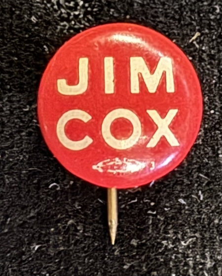 New Store Items 1920 JAMES COX-TRIO OF 1/2″ CELLO “JIM COX” BUTTONS IN RED, WHITE & BLUE-MINT!