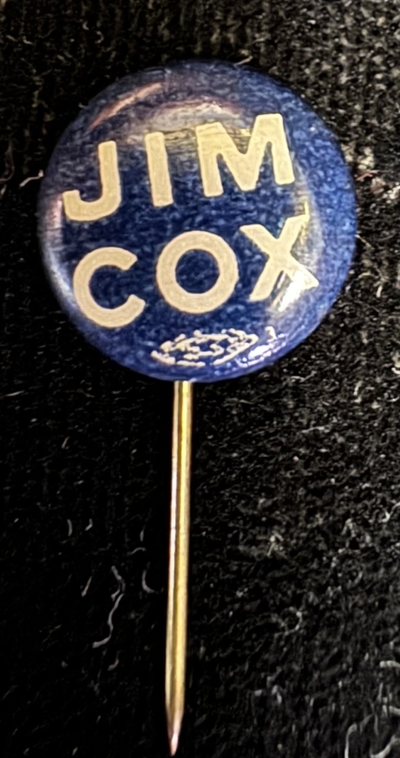 New Store Items 1920 JAMES COX-TRIO OF 1/2″ CELLO “JIM COX” BUTTONS IN RED, WHITE & BLUE-MINT!