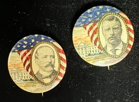 New Store Items 1904 TEDDY ROOSEVELT, ALTON PARKER 1 1/4″ MATCHED CELLO BUTTONS-GRAPHIC & SCARCE