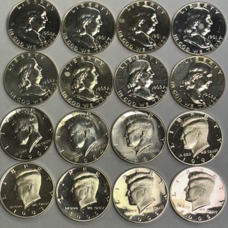 Mixed Lots 1960-2005 FRANKLIN KENNEDY SILVER PROOF HALF DOLLAR 16 COIN LOT SOME LINES/SPOTS