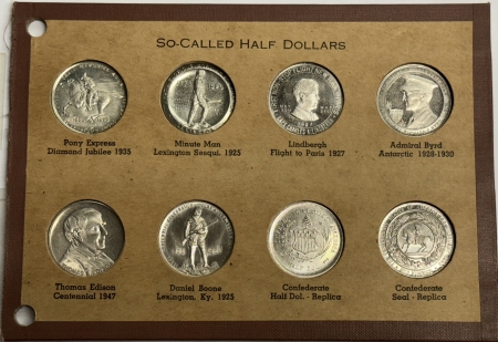 Exonumia 1925-47 SO-CALLED SILVER HALF DOLLAR 8 COIN SET, CONFEDERATES VINTAGE COIN BOARD