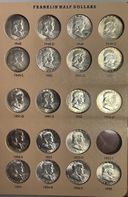 U.S. Uncertified Coins 1949-1963D 26 COIN PARTIAL FRANKLIN 50C SET, UNCIRCULATED, DANSCO ALBUM, PRETTY!