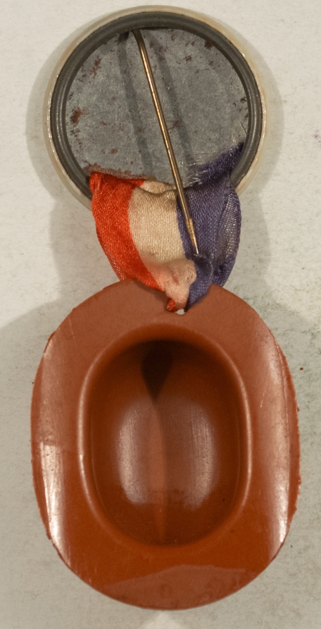 New Store Items 1928 AL SMITH 1 1/4″ CELLO W/ R/W/B RIBBON & CELLO DERBY HAT, NR-MINT & TOUGH!