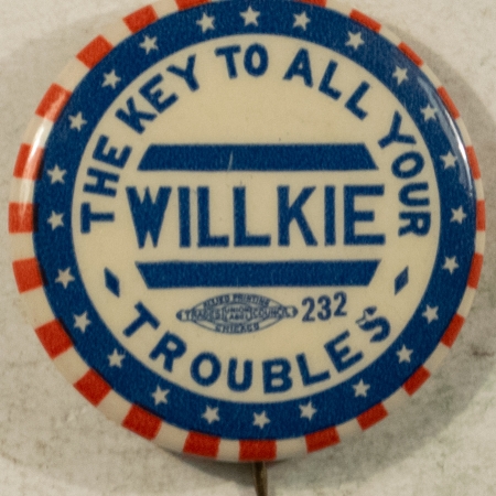 Other Collectibles 1940 WENDELL WILLKIE 1 1/4″ CELLO “THE KEY TO ALL YOUR TROUBLES”, RARE & MINT!