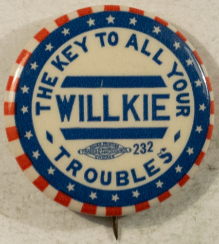 Other Collectibles 1940 WENDELL WILLKIE 1 1/4″ CELLO “THE KEY TO ALL YOUR TROUBLES”, RARE & MINT!