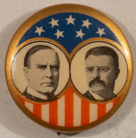 New Store Items 1900 WILLIAM MCKINLEY & TEDDY ROOSEVELT 1 1/4″ CELLO JUGATE, R/W/B, MINT