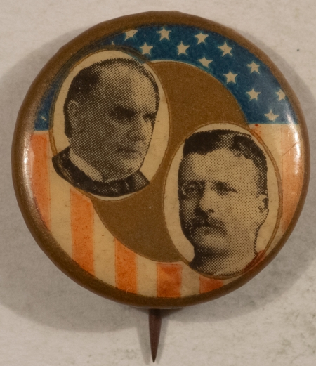 New Store Items 1900 WILLIAM MCKINLEY & TEDDY ROOSEVELT 7/8″ CELLO JUGATE, R/W/B, MINT