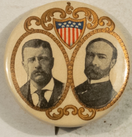 New Store Items 1904 TEDDY ROOSEVELT & FAIRBANKS 1 1/4″ CELLO JUGATE, SHIELD W/ GREAT COLOR MINT