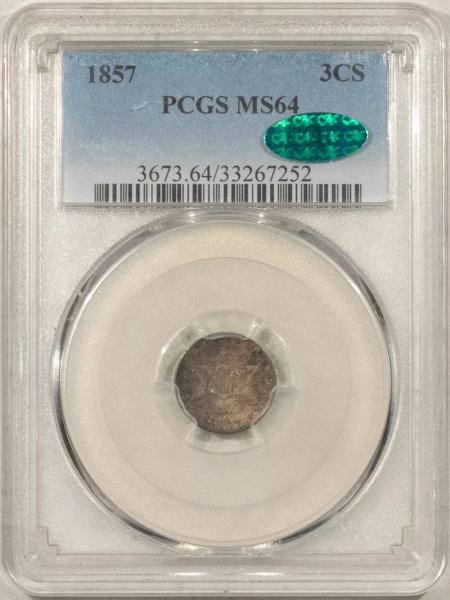 CAC Approved Coins 1857 THREE CENT SILVER – PCGS MS-64, ORIGINAL, PREMIUM QUALITY & CAC APPROVED!