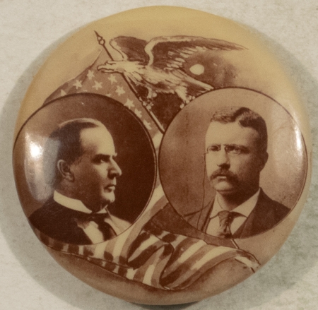 New Store Items 1900 WILLIAM MCKINLEY TEDDY ROOSEVELT 1 1/4″ SEPIA CELLO JUGATE UNUSUAL NR-MINT