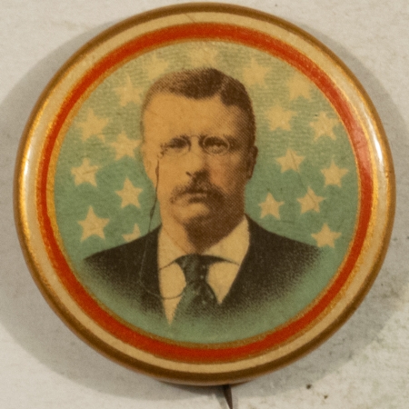 Other Collectibles 1904 TEDDY ROOSEVELT 1 1/4″ CELLO, GRAPHIC FLAG MOTIFF, COLORFUL & EXCELLENT!