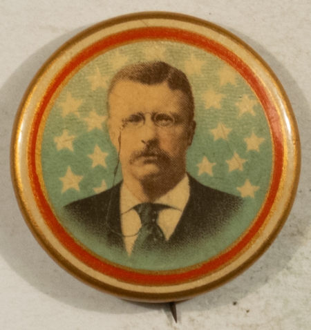 Other Collectibles 1904 TEDDY ROOSEVELT 1 1/4″ CELLO, GRAPHIC FLAG MOTIFF, COLORFUL & EXCELLENT!