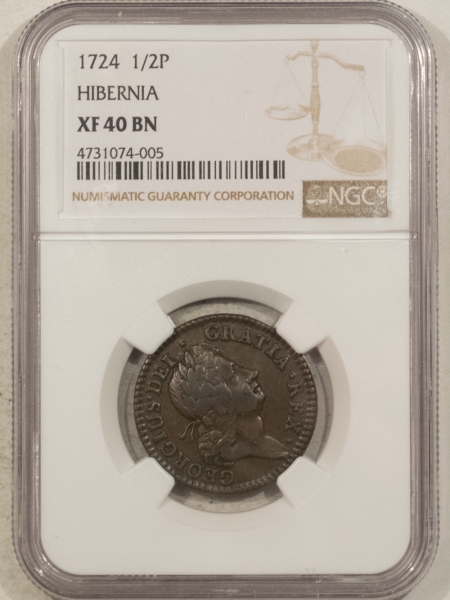 Colonials 1724 HIBERNIA HALF PENNY – NGC XF-40 BN, CHOICE!