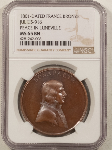 Exonumia 1801 DATED FRANCE BRONZE MEDAL, PEACE OF LUNEVILLE, NAPOLEON, 39MM NGC MS-65 BN