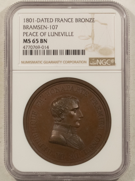 Exonumia 1801 DATED FRANCE BRONZE MEDAL, PEACE OF LUNEVILLE, NAPOLEON, 42MM NGC MS-65 BN