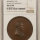 Exonumia 1801 DATED FRANCE BRONZE MEDAL, PEACE OF LUNEVILLE, NAPOLEON, 39MM NGC MS-65 BN