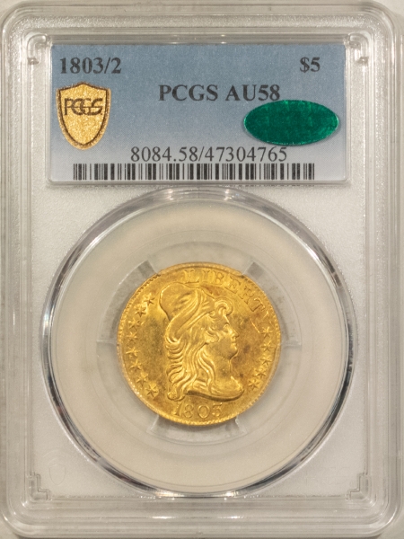 $5 1803/2 DRAPED BUST $5 GOLD HALF EAGLE – PCGS AU-58 CAC LOVELY ORIGINAL, PQ+!