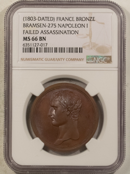 Exonumia 1803 DATED FRANCE BRONZE MEDAL NAPOLEON I FAILED ASSASSINATION 34MM NGC MS-66 BN