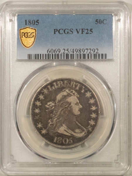 Early Halves 1805 DRAPED BUST HALF DOLLAR – PCGS VF-25, LOVELY ORIGINAL LOOK!