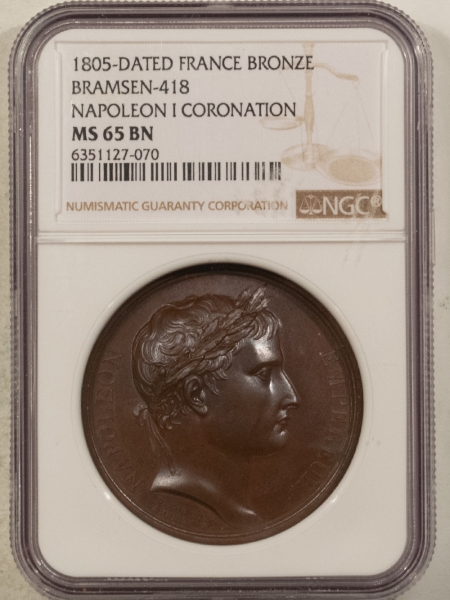 Exonumia 1805 DATED FRANCE BRONZE MEDAL NAPOLEON I “CORONATION” 40MM NGC MS-65 BN, LOVELY