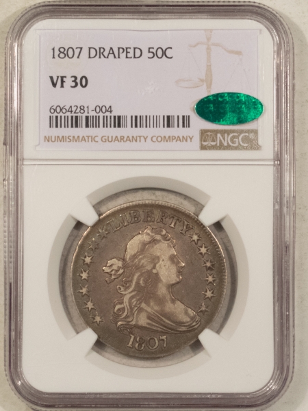 CAC Approved Coins 1807 DRAPED BUST HALF DOLLAR – NGC VF-30, CAC! SUPER ORIGINAL & ATTRACTIVE