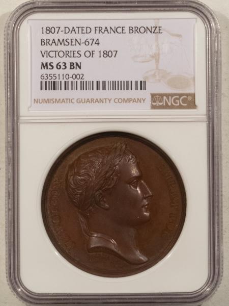 Exonumia 1807 DATED FRANCE BRONZE MEDAL, NAPOLEON, VICTORIES OF 1807, 40 MM, NGC MS-63 BN