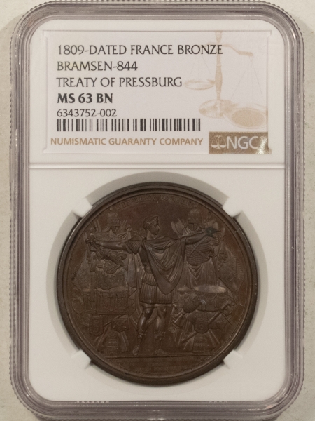 Exonumia 1809 DATED FRANCE BRONZE MEDAL, NAPOLEON, TREATY OF PRESSBURG, 41MM NGC MS-65 BN