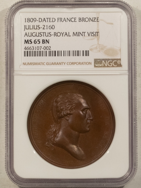 Exonumia 1809 DATED FRANCE BRONZE MEDAL, AUGUSTUS-ROYAL MINT VISIT, 41MM NGC MS-65 BN