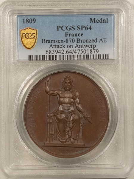 Exonumia 1809 FRANCE BRONZE MEDAL, ATTACK ON ANTWERP, STATUE OF JUPITER, 41MM PCGS SP-64