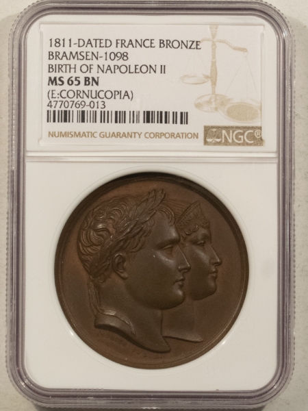 Exonumia 1811 DATED FRANCE BR MEDAL, BIRTH OF NAPOLEON II KING OF ROME, 40MM NGC MS-65 BN