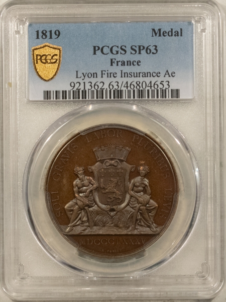 Exonumia 1819 FRANCE BRONZE AE JETON MEDAL, LYON FIRE INSURANCE, 35MM, PCGS SP-63, COOL!